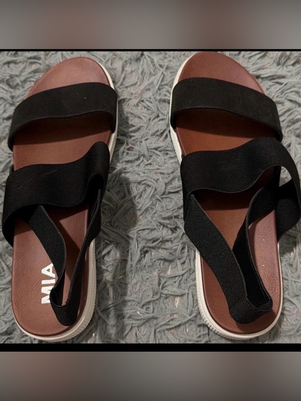 MIA Black Strappy Elastic Slide Sandals with Brown Footbed